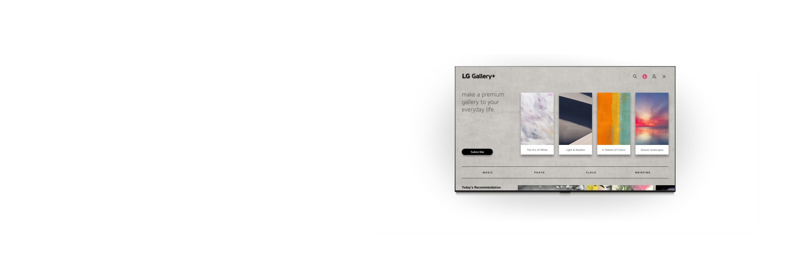 LG Gallery TV AI with frame LX7 ART TV rāda LG Gallery+ pelēko saskarni ar mūzikas un tēmu atlases izvēlni, pārejot no preferenču atlases uz jūsu albuma izveidi un parādot pielāgotus mākslas darbus. 