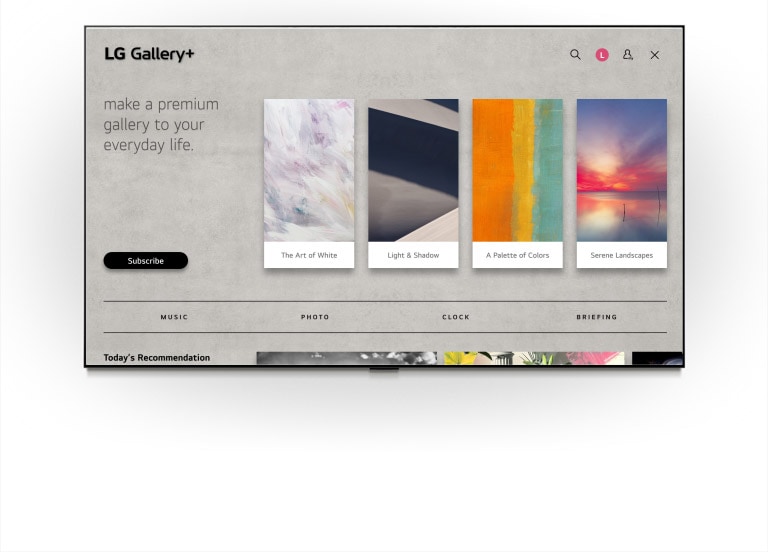 LG Gallery TV AI with frame LX7 ART TV rāda LG Gallery+ pelēko saskarni ar mūzikas un tēmu atlases izvēlni, pārejot no preferenču atlases uz jūsu albuma izveidi un parādot pielāgotus mākslas darbus. 