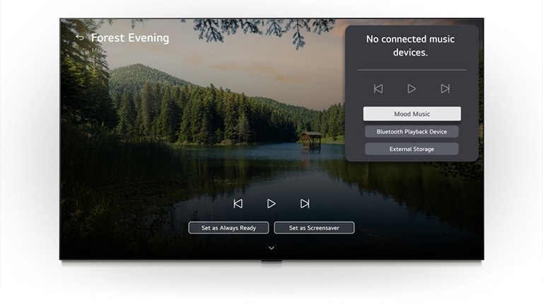 LG Gallery TV AI with frame LX7 ART TV LG Gallery+ ar BGM un Music Lounge ekrānā rāda „Forest Evening" meža ezera ainu, ar redzamu Music Lounge lietotāja saskarnes paneli noskaņas mūzikai, Bluetooth atskaņošanai un vadīklām. 