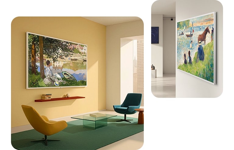 LG Gallery TV AI with frame LX7 ART TV Slim & Seamless Wall Mount cieši piestiprināts pie dzeltenām un baltām sienām divos dažādos interjeros, parādot klasiskās gleznas ar tīru, ierāmētas mākslas izskatu, kas harmoniski iekļaujas telpā.