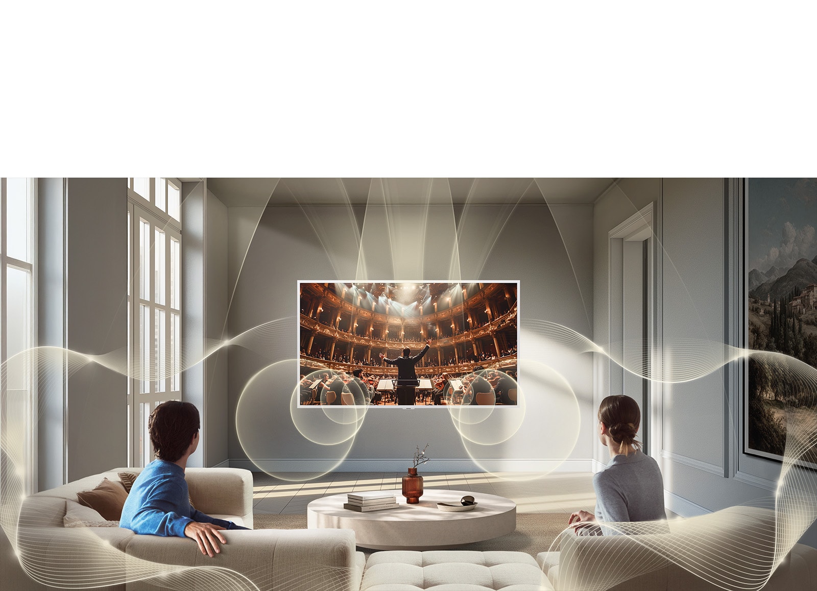LG Gallery TV AI with frame LX7 ART TV ar Virtual 9.1.2 Ch, ko nodrošina AI Sound Pro, ekrānā rāda orķestra priekšnesumu, piepildot modernu dzīvojamo telpu ar daudzvirzienu skaņu īpaši aizraujošai pieredzei.