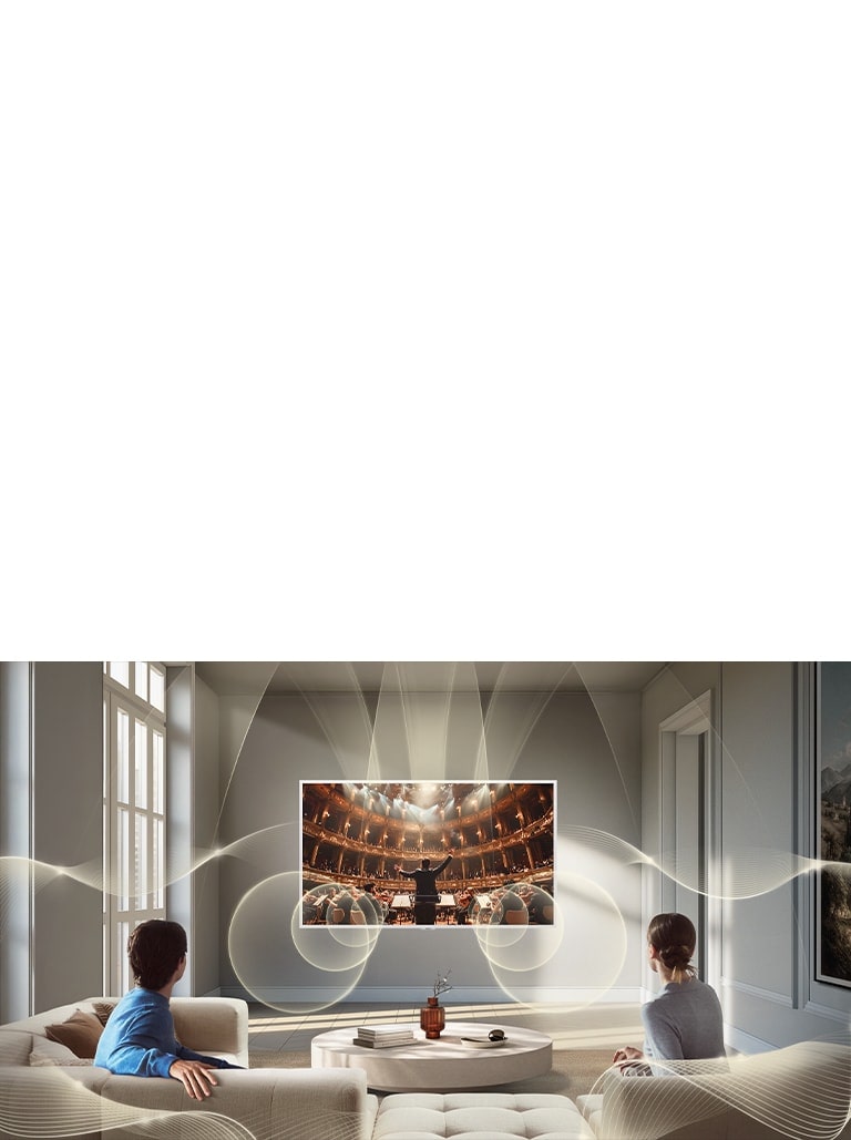 LG Gallery TV AI with frame LX7 ART TV ar Virtual 9.1.2 Ch, ko nodrošina AI Sound Pro, ekrānā rāda orķestra priekšnesumu, piepildot modernu dzīvojamo telpu ar daudzvirzienu skaņu īpaši aizraujošai pieredzei.