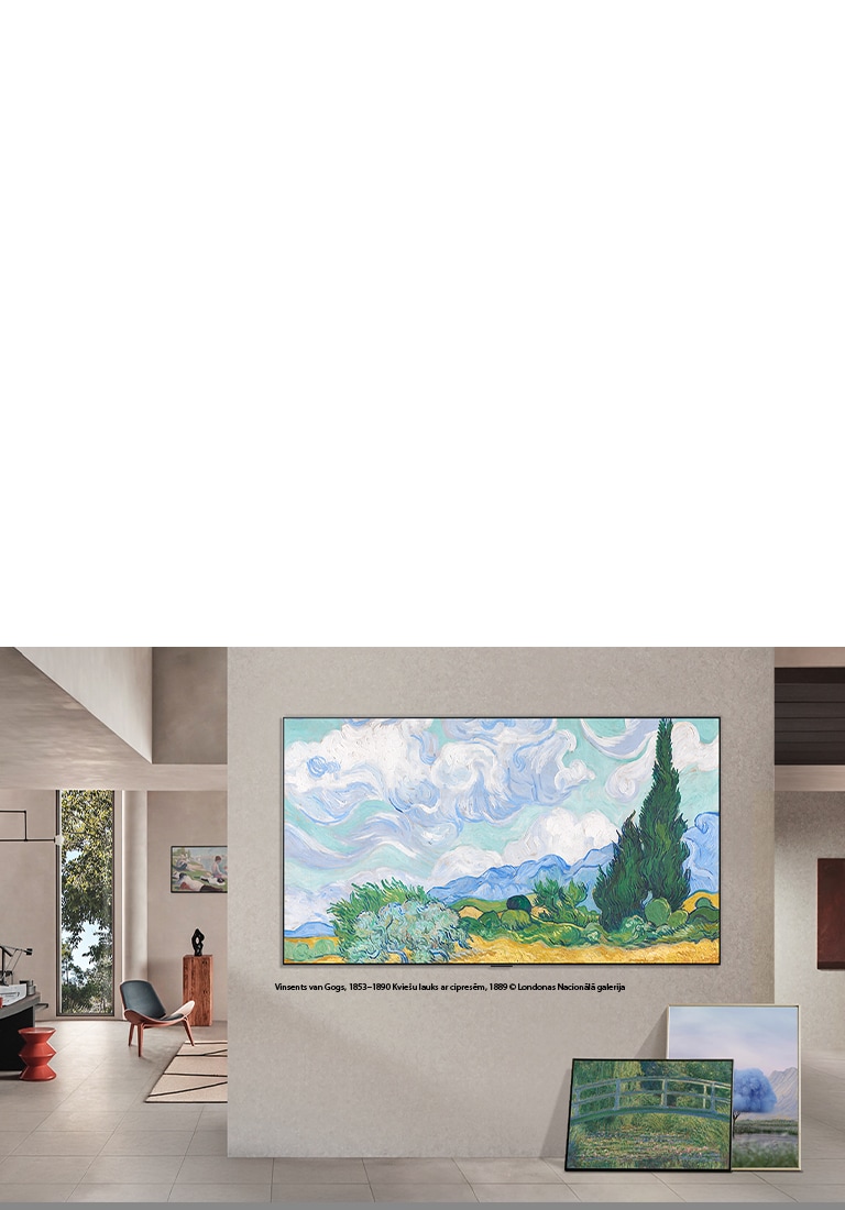 LG Gallery TV AI with frame LX7 ART TV ar LG Gallery+ Diverse Art Content rāda mākslas darbus pie sienas stiprināta ekrāna galerijā iekārtotā dzīvojamā telpā, ko papildina audekls un papildu montēti mākslas darbi līdzās.