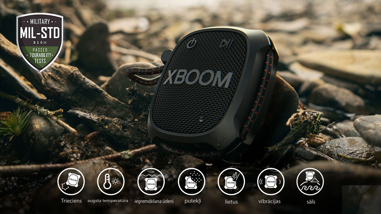 LG XBOOM Go XG2 uz klints, apliecinot militāros standartus.