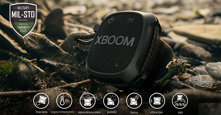 LG XBOOM Go XG2 uz klints, apliecinot militāros standartus.