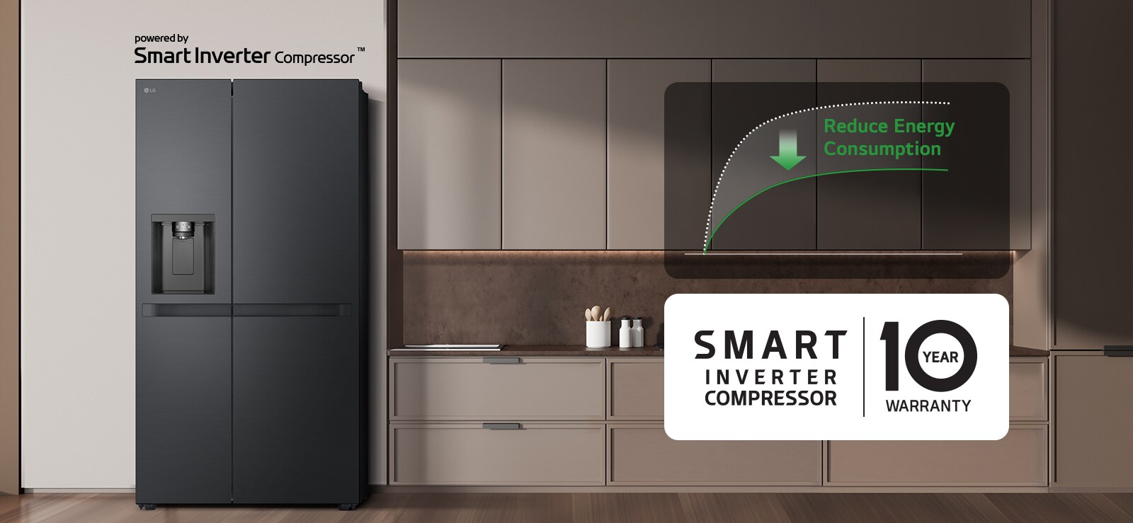 Ledusskapis ir uzstādīts virtuves sienā un ir diagramma, kas parāda enerģijas patēriņa samazinājumu, izmantojot Smart Inverter Compressor.