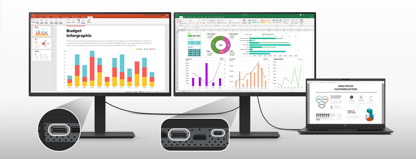 2 monitori un klēpjdators, kas savienoti vienkārši ar vienu USB-C kabeli.
