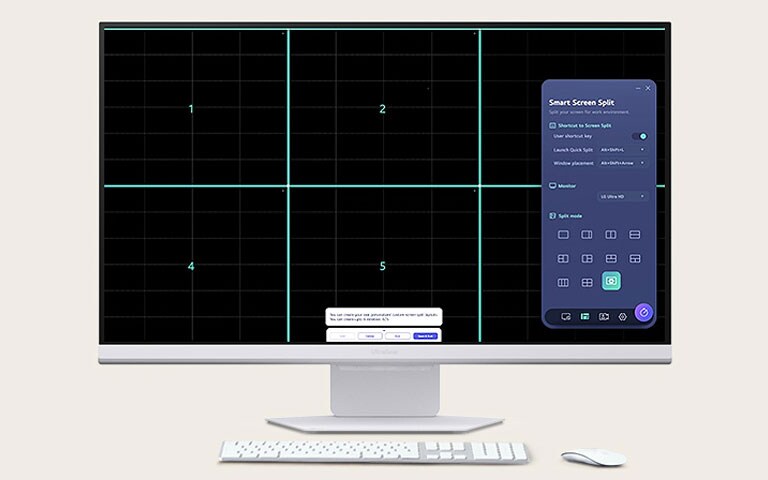 LG Switch lietotne palīdz optimizēt monitoru efektīvai darba videi, piemēram, displeja sadalīšanai sešās zonās, grafiku pārvaldīšanai vai videozvanu platformas vienkāršai palaišanai, izmantojot kartētos īsinājumtaustiņus.