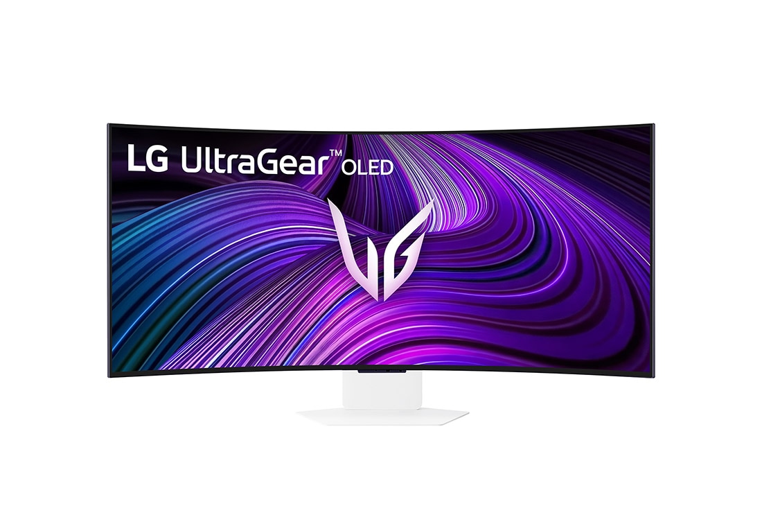 LG UltraGear™ 39 collu OLED 240Hz WQHD izliektais viedais monitors spēlēm | webOS, 0.03ms (GtG), 240Hz, DisplayHDR True Black 400, skats no priekšpuses uz monitoru ar nolaistu statīvu, 39GX90SA-W, thumbnail 8