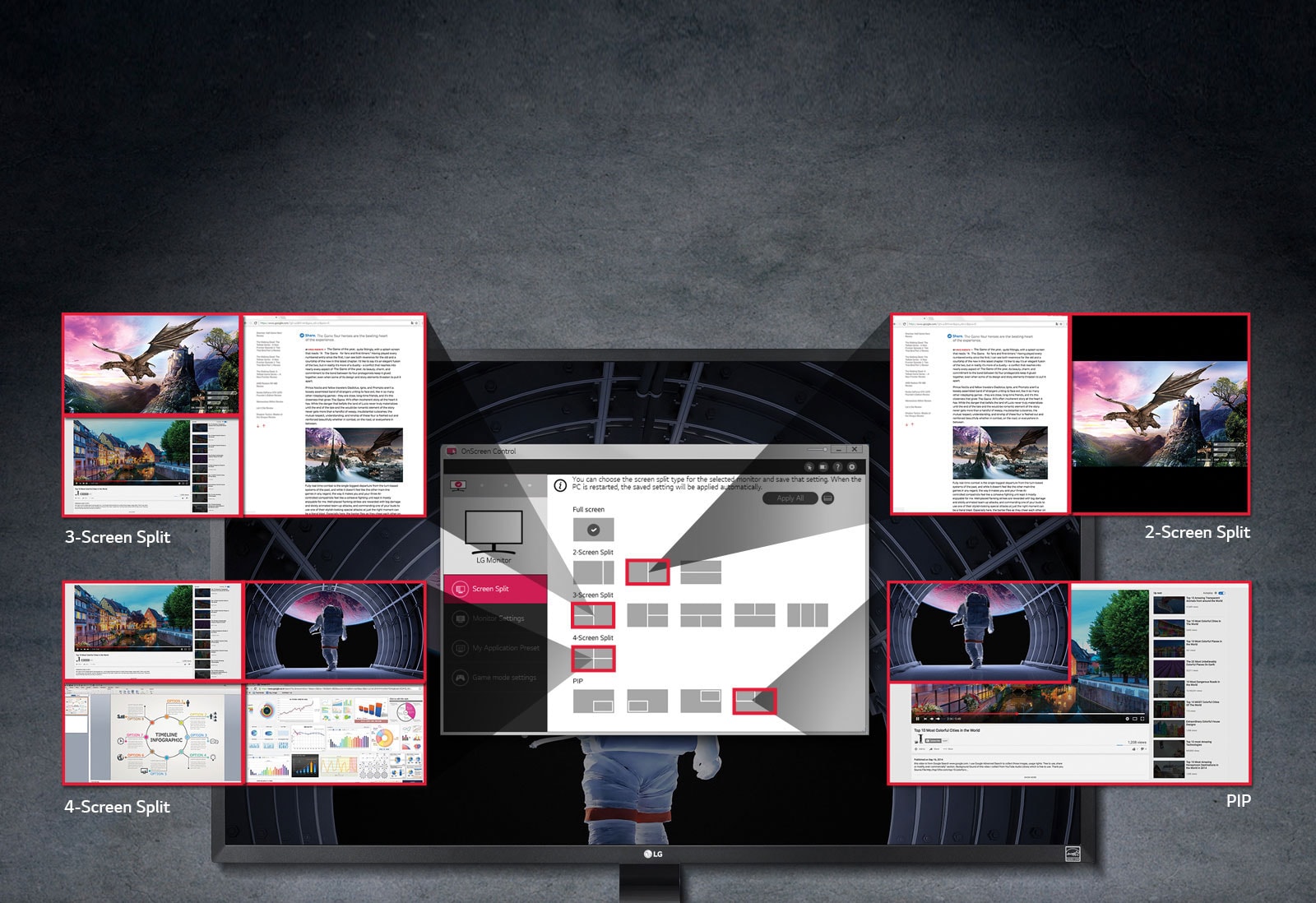 Dažādi dalīta ekrāna režīmi ir klikšķa attālumā 1