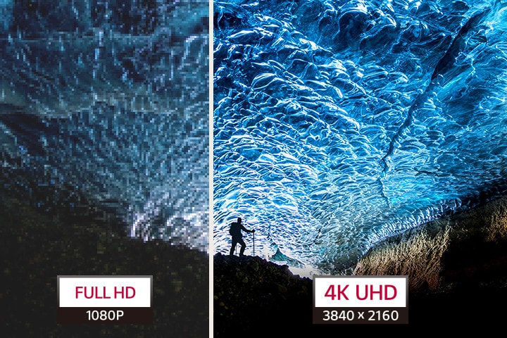 Kreisajā pusē ir FHD attēls, bet labajā pusē ir 4K UHD attēls.