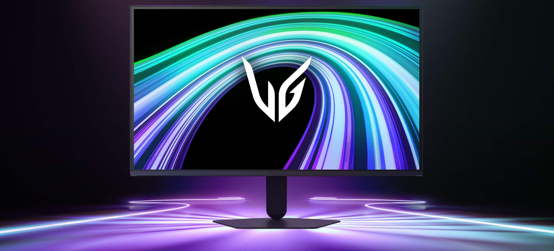 UltraGear™ 27G550B spēļu monitora priekšpuses attēls futūristiskā, neona apgaismotā telpā.