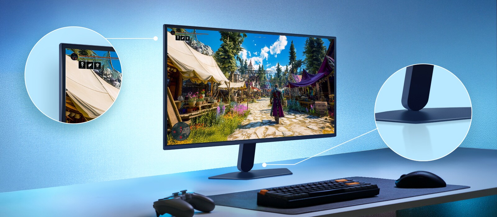 Šajā attēlā redzams UltraGear™ spēļu monitors uz galda, kurā attēlota spēles aina ar tuvplāniem, kas uzsver displeja dizainu bez malām un eleganto peldošo statīvu.