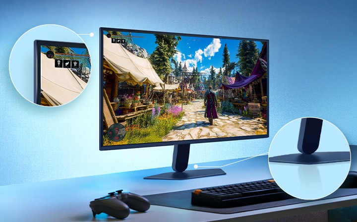 Šajā attēlā redzams UltraGear™ spēļu monitors uz galda, kurā attēlota spēles aina ar tuvplāniem, kas uzsver displeja dizainu bez malām un eleganto peldošo statīvu.
