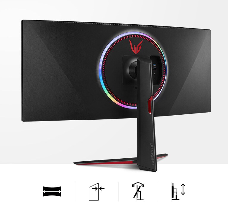 Elegants monitors ar 21:9 ieliektu ekrānu, praktiski neredzamām malām uz statīva, kuram var regulēt augstumu un slīpumu