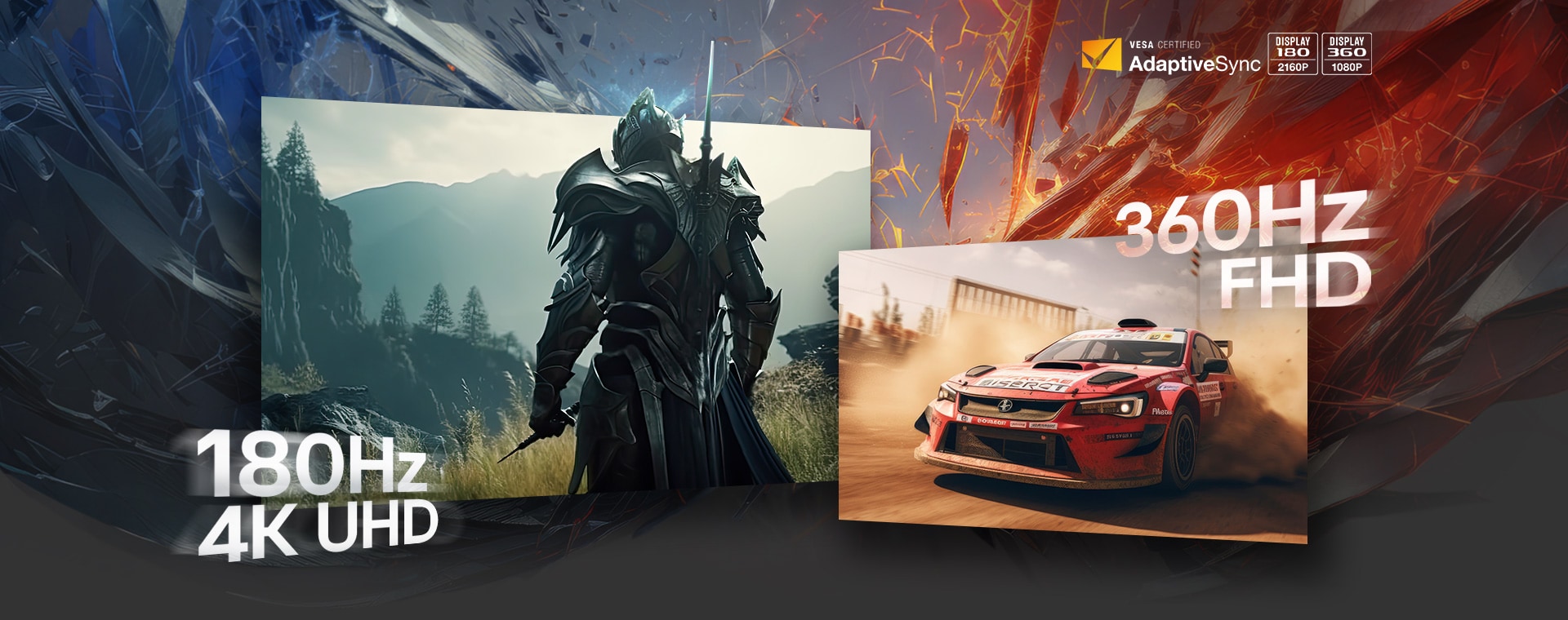 Bruņinieks un sacīkšu automašīna, kas demonstrē 180Hz 4K UHD un 360Hz FHD izšķirtspēju.	