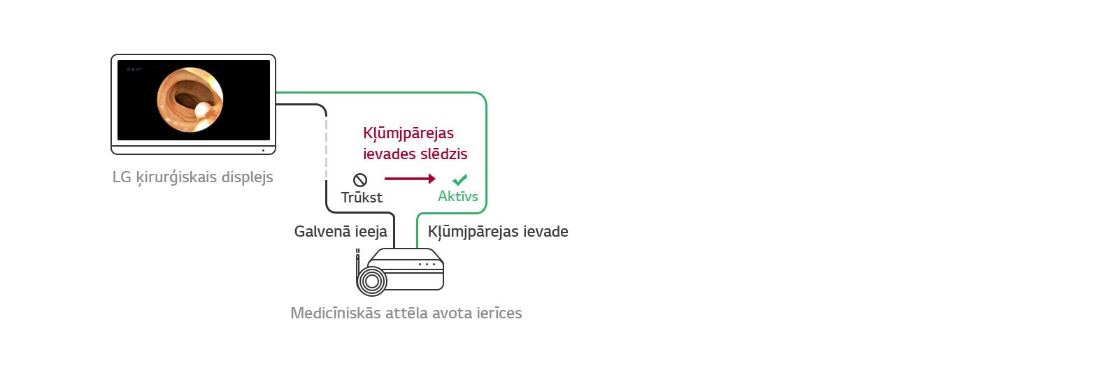 Kļūmjpārlēces ievades slēdzis. Ja trūkst galvenā avota, displejs automātiski pārslēgsies uz kļūmjpārlēces avotu un atjaunos galveno avotu, tiklīdz signāls ir atgriezies.