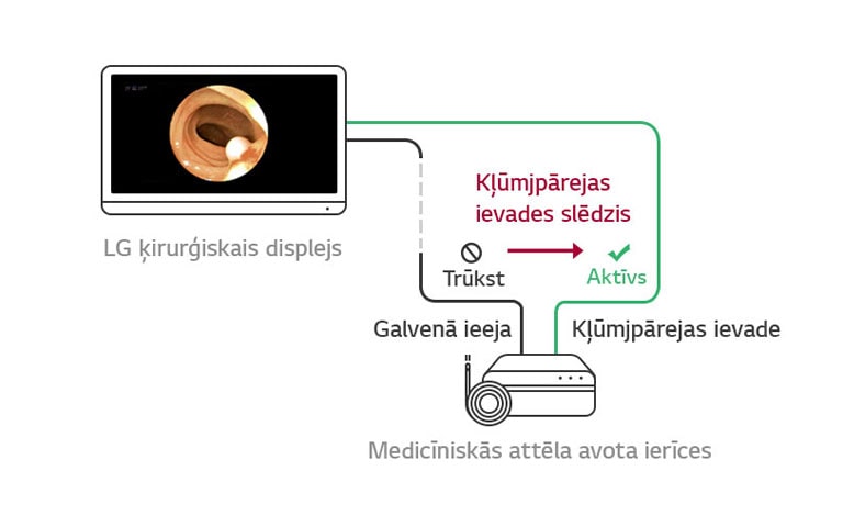 Kļūmjpārlēces ievades slēdzis. Ja trūkst galvenā avota, displejs automātiski pārslēgsies uz kļūmjpārlēces avotu un atjaunos galveno avotu, tiklīdz signāls ir atgriezies.