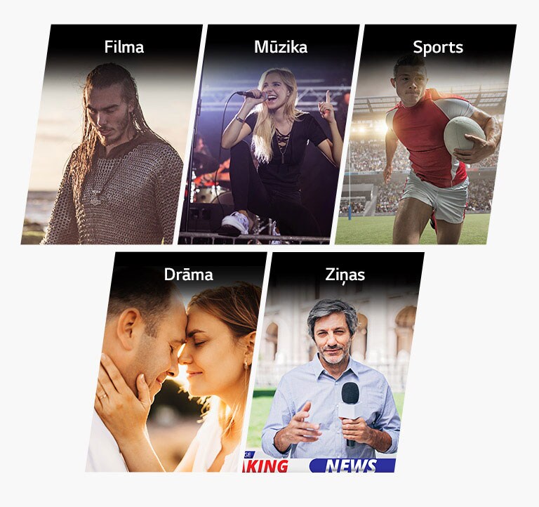 Pieci vertikāli plakāti filmai, mūzikai, sportam, drāmai un ziņām