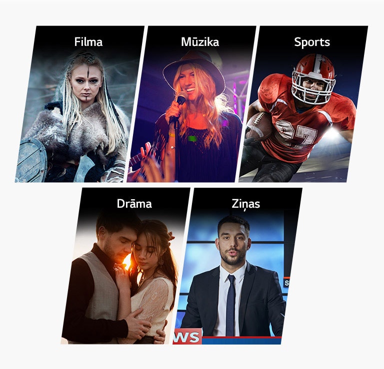 Pieci vertikāli plakāti filmai, mūzikai, sportam, drāmai un ziņām