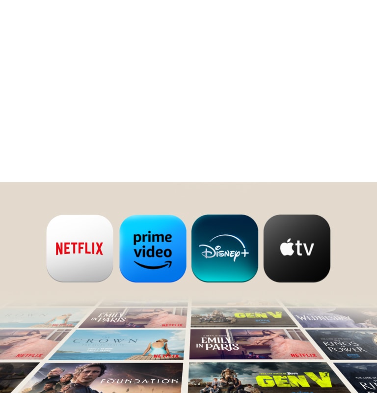 Lietotnes Netflix, Prime Video, Disney+ un Apple TV parādās pa vienai uz bēša fona, lai stāvētu blakus. Zem tām leņķī atrodas 6 plakātu rindas ekskluzīviem seriāliem un filmām, katrs pārvietojoties dažādos horizontālos un vertikālos virzienos.	