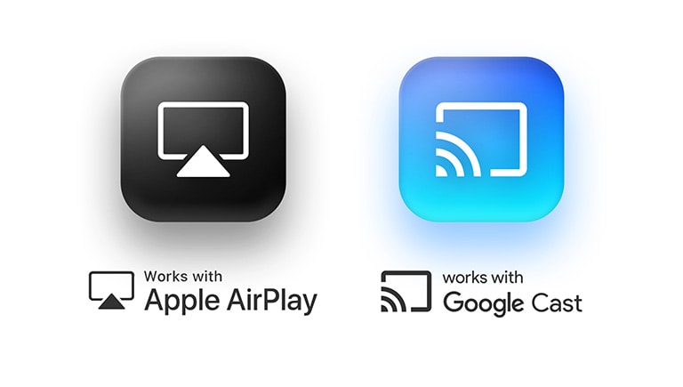 Apple Airplay logotips pa kreisi un Google Cast logotips pa labi.	