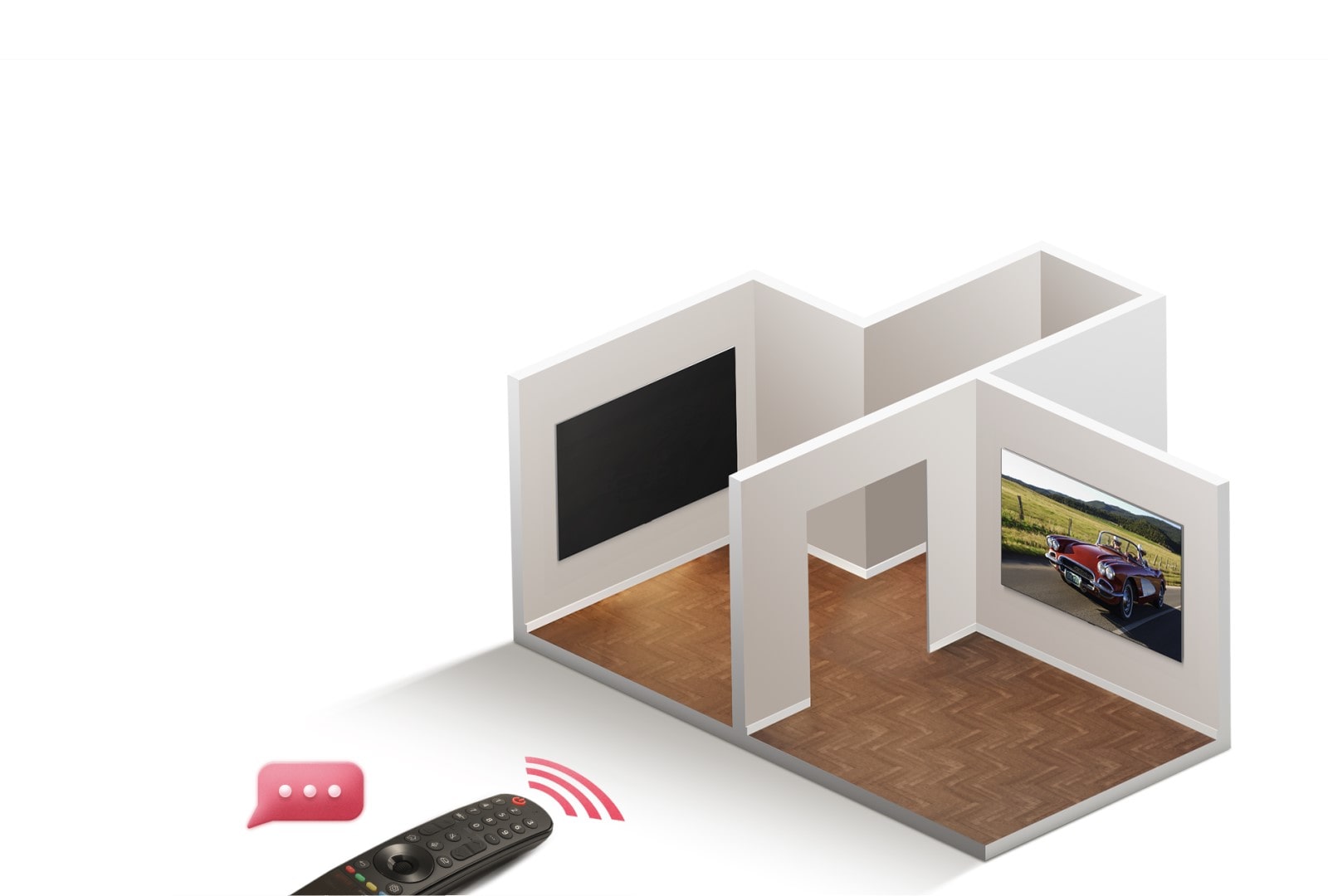 Divi TV tiek rādīti kopā ar arhitektūras formu, kas parāda mājas struktūru. Virs Magic Remote peld runas burbulis, Magic Remote parāda uztveršanas signālu, un bultiņa pārvietojas no kreisās puses TV, kas bija ieslēgts, uz TV labajā pusē, kas bija izslēgts. Drīzumā labajā pusē esošais TV ieslēdzas, bet kreisajā pusē esošais TV izslēdzas.