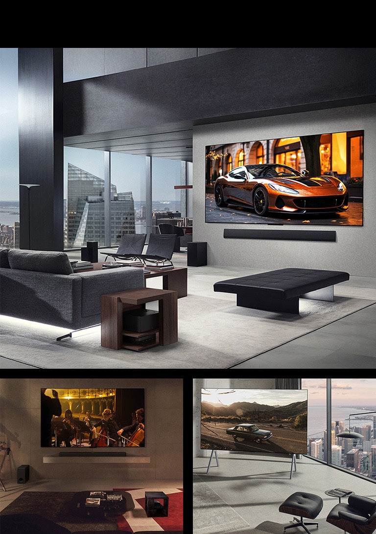 Trīs dažādas dzīvojamās istabas ar LG True Wireless TV, parādot, kā tiek atbrīvota vieta bez nepieciešamības pēc vadiem. Zero Connect Box novietota atstatus, gandrīz apslēpta. 