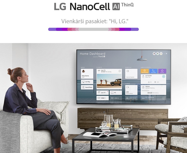 Sieviete sēž uz dīvāna viesistabā, un televizora ekrānā redzams mājas informācijas panelis