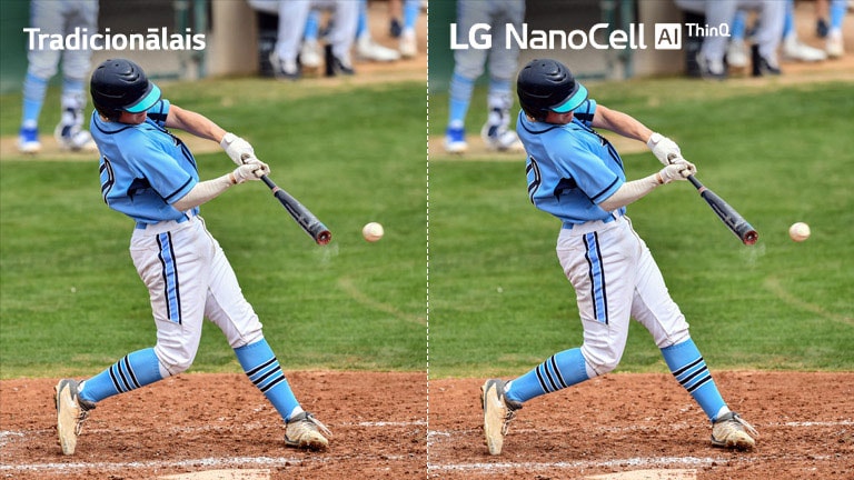 Futbola spēles aina ar pusi attēlotu tradicionālā LCD/LED televizorā ar izplūdušu attēlu, bet otra puse LD NanoCell televizorā ar skaidru attēlu