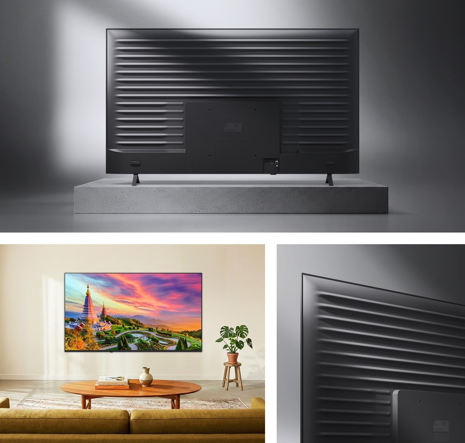 LG QNED AI Mini LED QNED70 ar lineārās plūsmas dizainu parādīts no vairākiem leņķiem: augšā redzams aizmugurējais panelis, apakšā pa kreisi redzama pie sienas uzstādīta risinājuma aina nelielā viesistabā, bet apakšā pa labi redzams tuvplāns ar rievoto metāla aizmuguri.