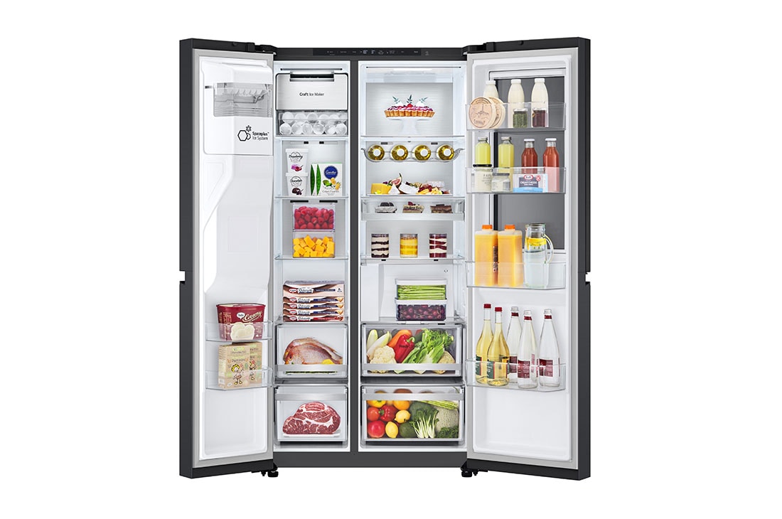LG Side-by-Side ledusskapis | augstums 1.79m | platums 92.8cm | 628L | Melns | D klase | DoorCooling+™ | InstaView™, front all open with food stored, GSXE90EVDD, thumbnail 3