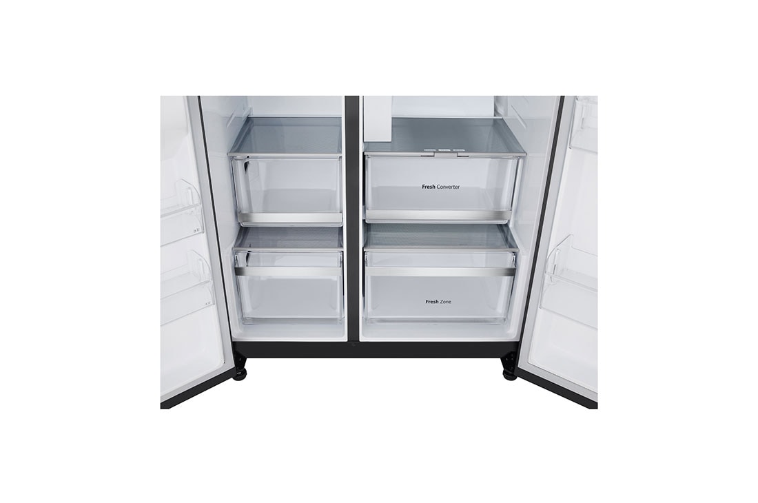 LG Side-by-Side ledusskapis | augstums 1.79m | platums 92.8cm | 628L | Melns | D klase | DoorCooling+™ | InstaView™, Drawer view, GSXE90EVDD, thumbnail 9