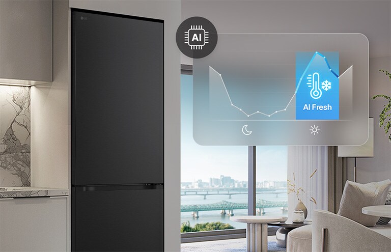 LG ledusskapis ar saldējamo kameru apakšā blakus gaišpelēkiem skapīšiem dzīvojamā telpā ar skatu uz upi, uz kura izvietota diagramma un AI Fresh ikona