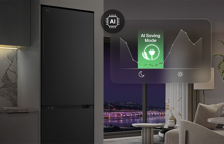 LG ledusskapis ar saldējamo kameru apakšā dzīvojamā telpā ar pilsētas skatu naktī, uz kura izvietots MI enerģijas taupīšanas režīma grafiks un mainīgās enerģijas diagramma