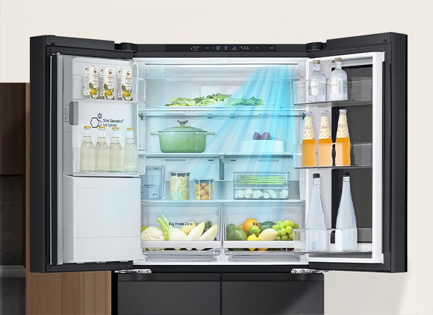 Izceltais Pure N Fresh un pelēka bultiņa, kas nozīmē nepatīkamu aromātu, tiek iesūkta Pure N Fresh, un izplatās tīrs aukstais gaiss.