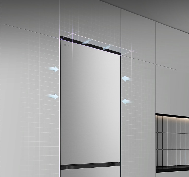 LG ledusskapis ar saldējamo kameru apakšā (GBBS726AEV), kas iebūvēts bez atstarpēm starp pelēkiem skapīšiem ar zilām bultiņām, kas norāda uz augšējo un priekšējo virsmu	