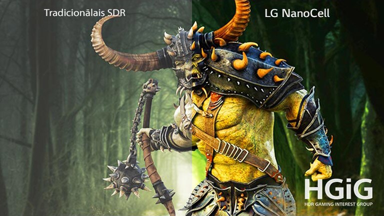 Attēlā redzams spēles aina ar briesmoni tradicionālā televizorā un otrā pusē LG NanoCell televizoru ar HDR