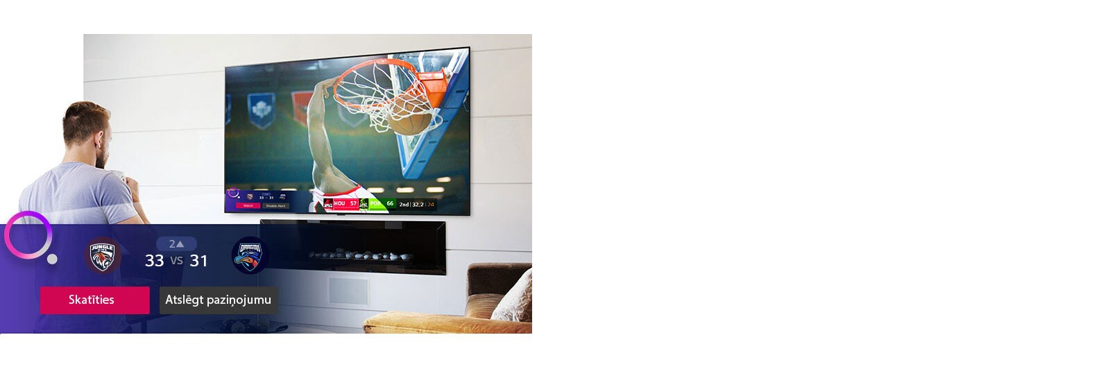 Lo schermo TV mostra una scena di una partita di basket e un promemoria sportivo