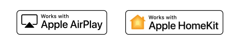 Redzami Hey Google, alexa, Apple Airplay un Apple HomeKit logotipi, norādot uz ThinQ AI saderību.