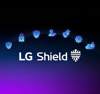 LG Shield emblēma ir attēlota uz tumša fona ar drošības ikonām, kas izceļ webOS aizsardzību privātumam, datu drošībai un sistēmas integritātei.