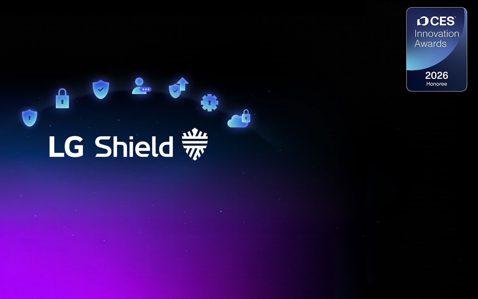 LG Shield emblēma ir attēlota uz tumša fona ar drošības ikonām, kas izceļ webOS aizsardzību privātuma, datu drošības un sistēmas integritātes nodrošināšanai. Attēlota arī CES Innovation Awards 2026 godalgotā nozīmīte.