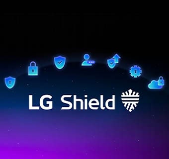 LG Shield emblēma redzama uz tumša fona ar drošības ikonām, uzsverot webOS aizsardzību privātumam, datu drošībai un sistēmas integritātei.