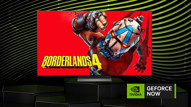 LG Mini RGB evo AI MRGB85 ar NVIDIA GeForce NOW ekrānā rāda Borderlands 4 kopā ar GeForce NOW logotipu, nodrošinot piekļuvi mākoņspēlēšanai TV saskarnē.