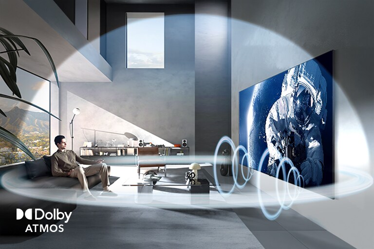 LG Mini RGB evo AI MRGB85 ar Dolby Atmos rāda plašas telpas ainu viesistabā, ar grafiski attēlotiem skaņas viļņiem, kas ieskauj skatītājus un skaļruņus, norādot uz iespaidīgu daudzvirzienu un uz objektiem balstītu audio.