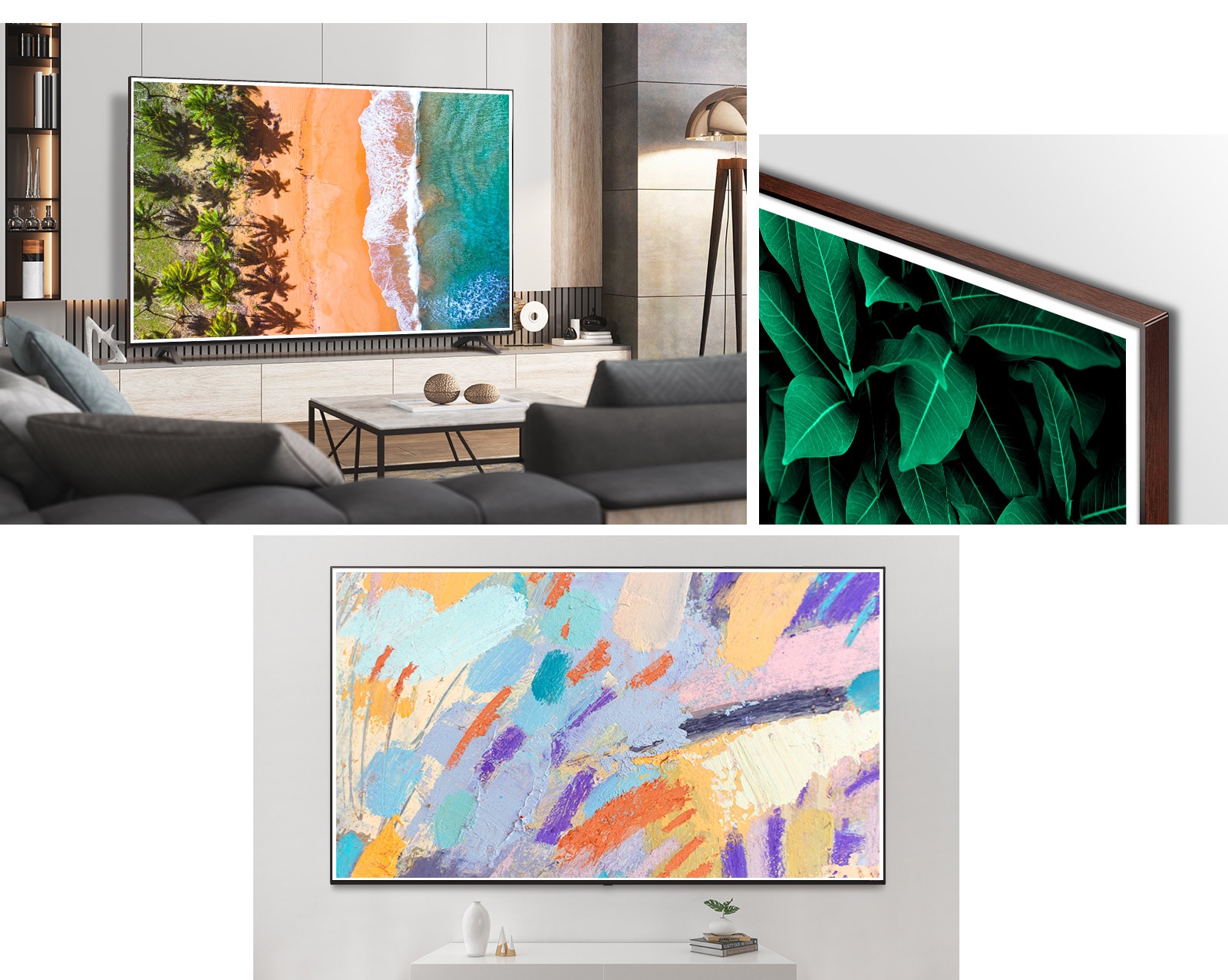 Trīs attēlos redzams pie sienas piestiprināts LG QNED Mini LED televizors ar melnkoka attēla rāmi elegantos, dabiskos interjeros.