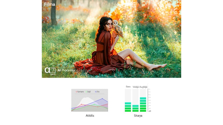 Divi grafiki parāda, kā a9 Gen4 AI procesors automātiski optimizē attēlu un skaņu (atskaņot video).