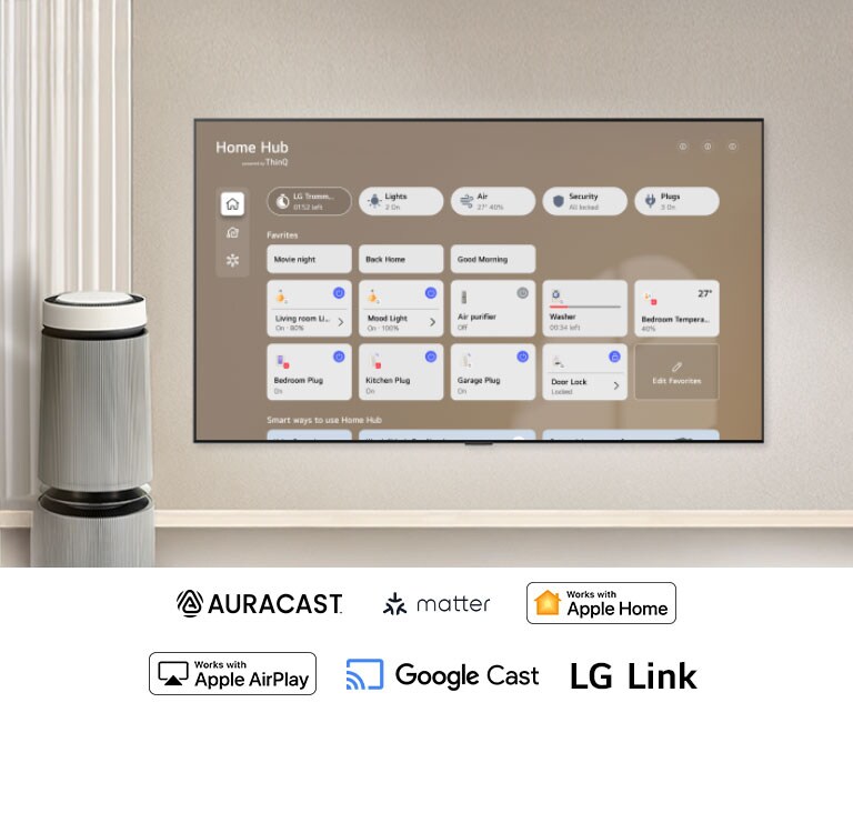LG NANO 4K UHD AI NU85 ar Smart Connectivity ekrānā rāda Home Hub saskarni, kurā redzami savienojumi ar LG ThinQ, kā arī TV, ierīču un lietotņu paneļi vienā vadības izkārtojumā.