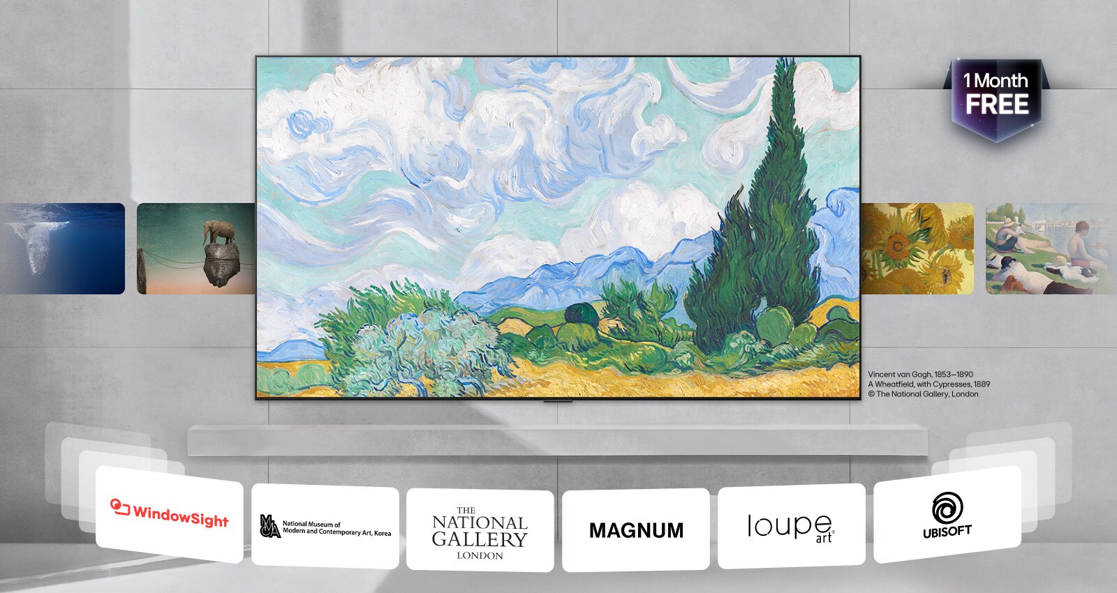 LG NANO 4K UHD AI NU85 ar LG Gallery+ rāda izsmalcinātus mākslas darbus mājas interjerā, demonstrējot mākslas darbus rotācijā, kā arī partnermuzeja atsauces un ziņojumu “1 Month Free” (1 mēnesis bez maksas). 