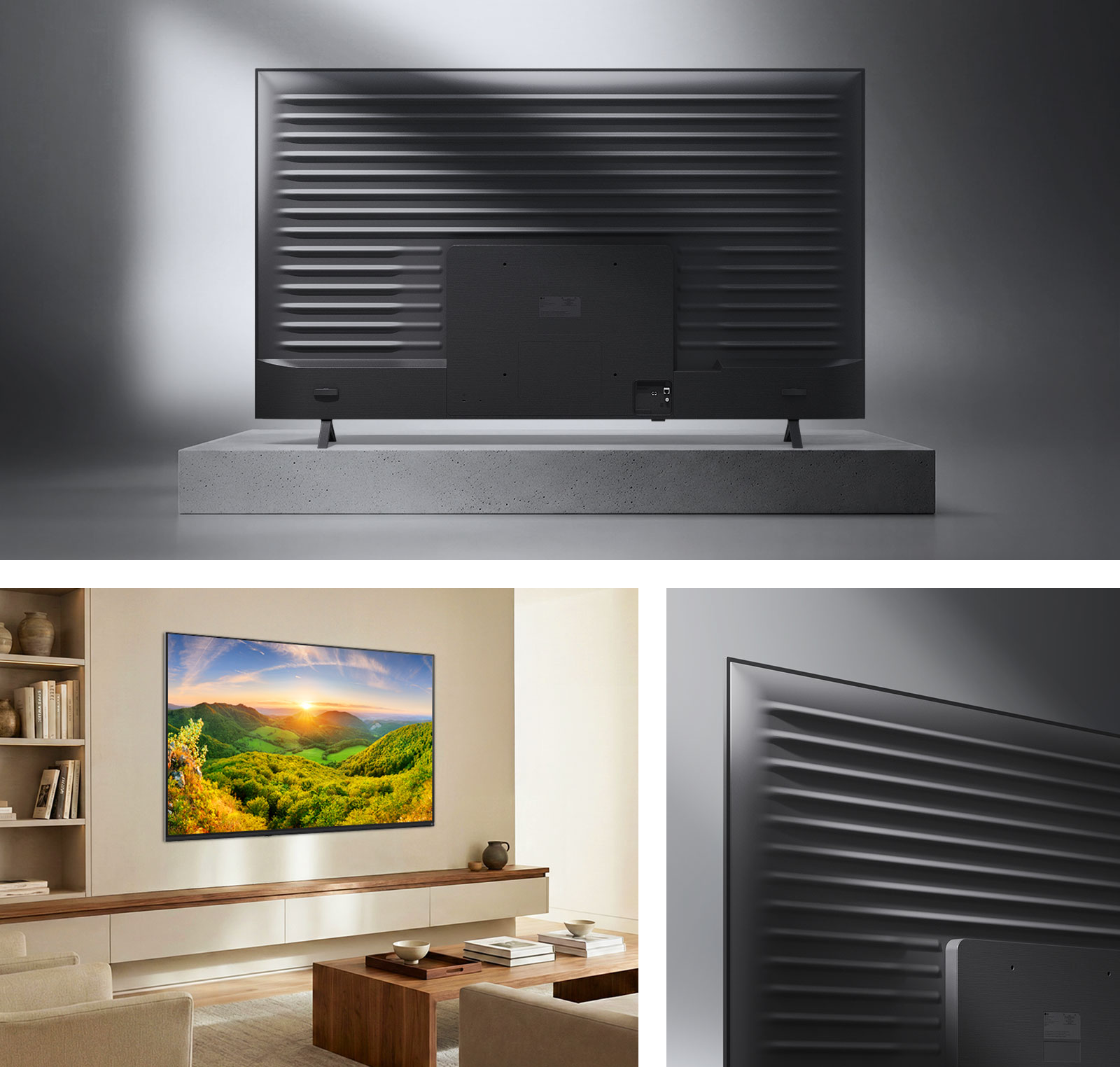 LG NANO 4K UHD AI NU85 ar lineārās plūsmas dizainu parādīts no vairākiem leņķiem: augšā redzams aizmugurējais panelis, apakšā pa kreisi redzama pie sienas uzstādīta risinājuma aina viesistabā, bet apakšā pa labi redzams tuvplāns ar rievoto metāla aizmuguri.